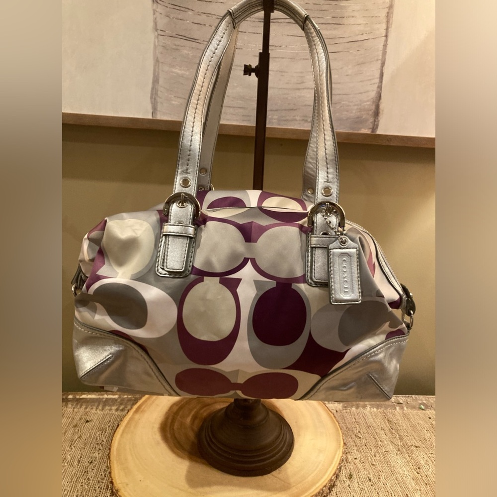 Coach Optic Convertible Scarf Print‎ Carry All F17409 Purple Silver Taupe Sateen